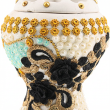 Medium White-Gold Traditional Clay Incense Burner - Black-Beige Abstract Design