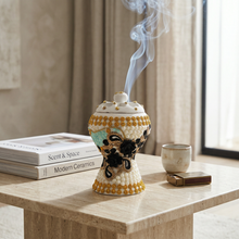 Medium White-Gold Traditional Clay Incense Burner - Black-Beige Abstract Design
