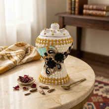 Medium White-Gold Traditional Clay Incense Burner - Black-Beige Abstract Design