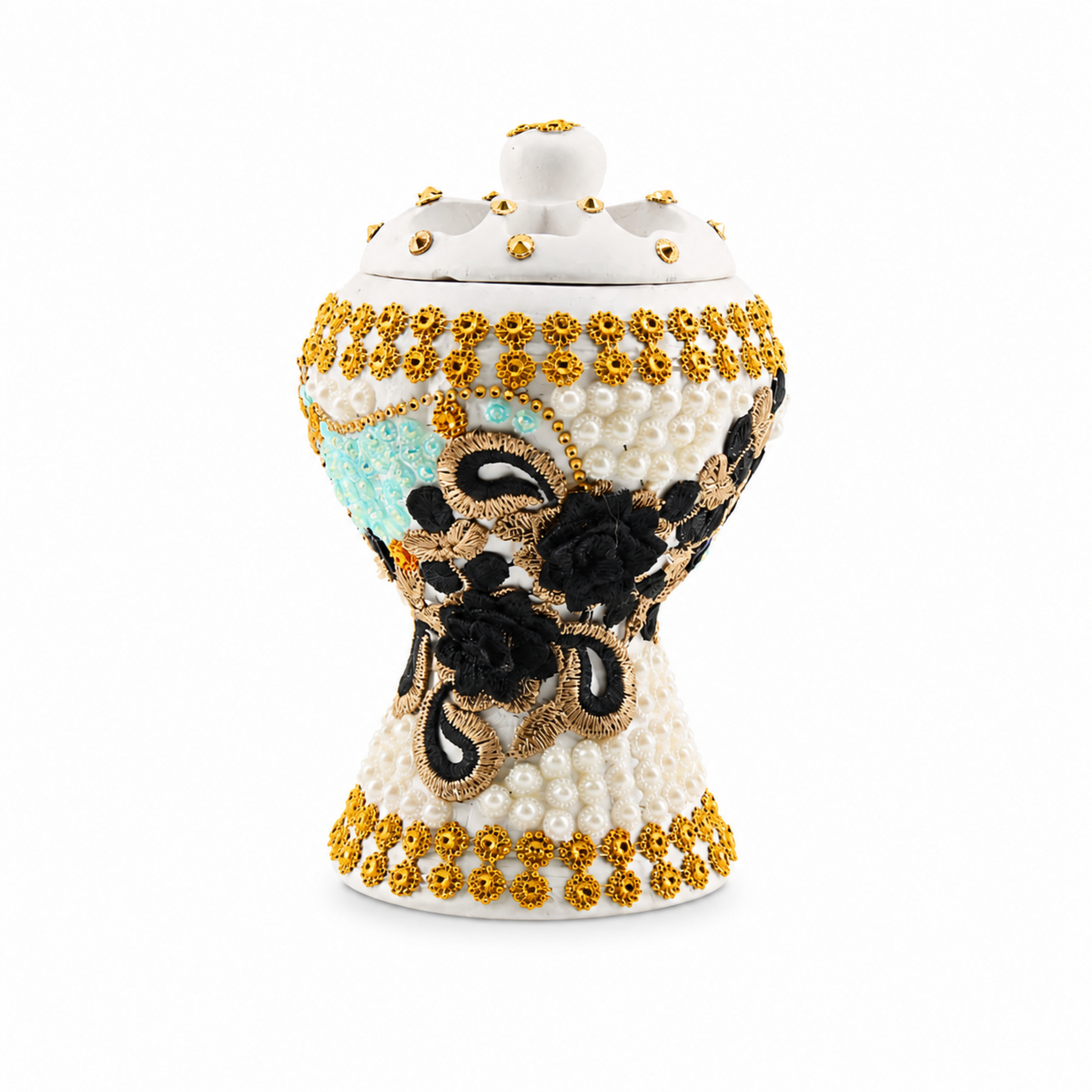 Medium White-Gold Traditional Clay Incense Burner - Black-Beige Abstract Design