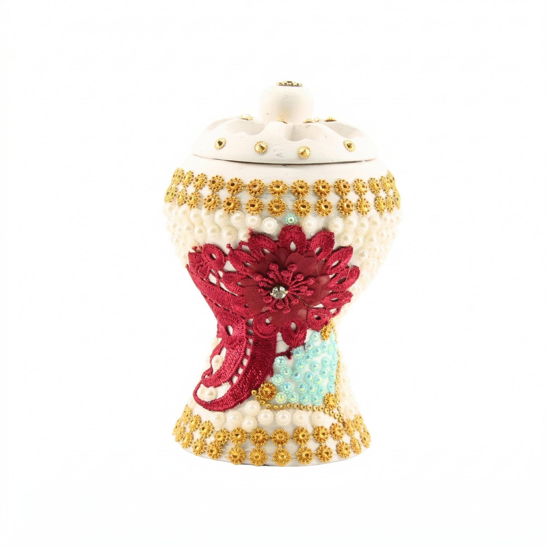 Medium White-Gold Traditional Clay Incense Burner - Red-Feathered Flower