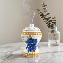 Medium White-Gold Traditional Clay Incense Burner - Blue-Feathered Flower