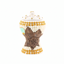 Medium White-Gold Traditional Clay Incense Burner - Brown Flower