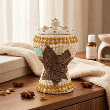 Medium White-Gold Traditional Clay Incense Burner - Brown Flower