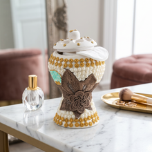 Medium White-Gold Traditional Clay Incense Burner - Brown Flower