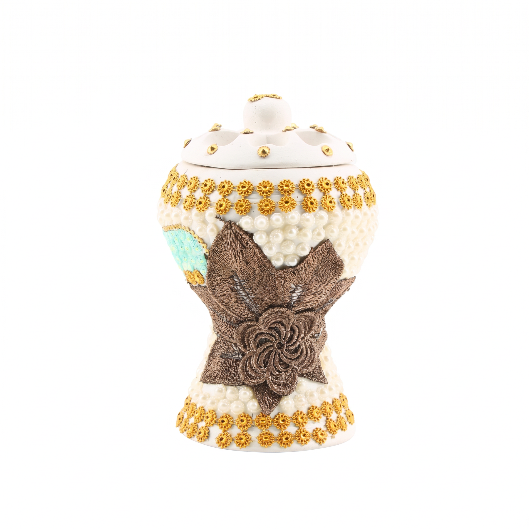 Medium White-Gold Traditional Clay Incense Burner - Brown Flower