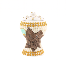 Medium White-Gold Traditional Clay Incense Burner - Brown Flower