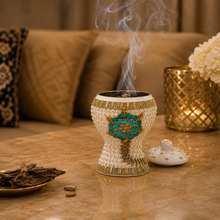 Medium White-Gold Traditional Clay Incense Burner with Turquoise Floral Accent – 5 x 5 x 7.5 In