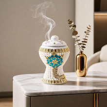 Medium White-Gold Traditional Clay Incense Burner - Turqouise-Gold Flower