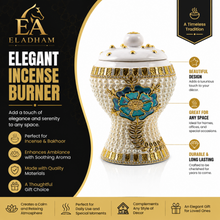 Medium White-Gold Traditional Clay Incense Burner with Turquoise Floral Accent – 5 x 5 x 7.5 In