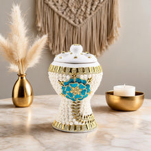 Medium White-Gold Traditional Clay Incense Burner - Turqouise-Gold Flower