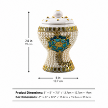 Medium White-Gold Traditional Clay Incense Burner with Turquoise Floral Accent – 5 x 5 x 7.5 In