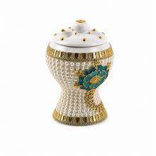 Medium White-Gold Traditional Clay Incense Burner with Turquoise Floral Accent – 5 x 5 x 7.5 In