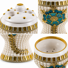 Medium White-Gold Traditional Clay Incense Burner with Turquoise Floral Accent – 5 x 5 x 7.5 In