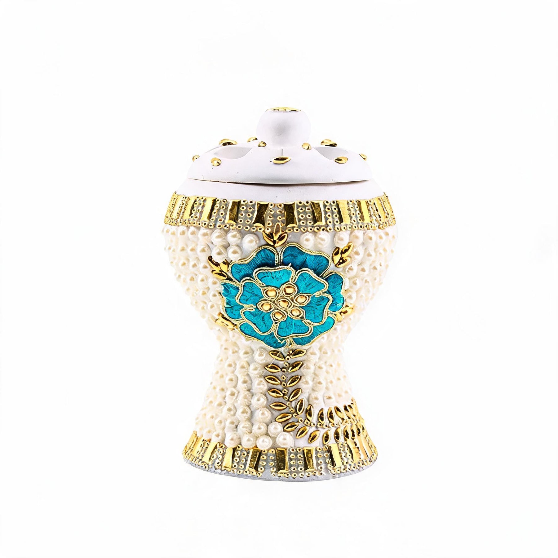 Medium White-Gold Traditional Clay Incense Burner - Turqouise-Gold Flower