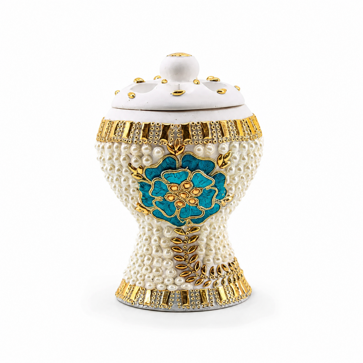 Medium White-Gold Traditional Clay Incense Burner with Turquoise Floral Accent – 5 x 5 x 7.5 In