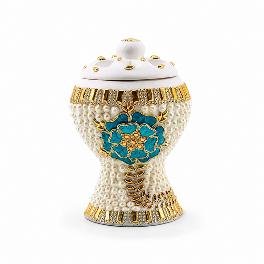 Medium White-Gold Traditional Clay Incense Burner with Turquoise Floral Accent – 5 x 5 x 7.5 In