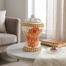 Medium White-Gold Traditional Clay Incense Burner - Orange Floral Design
