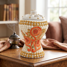 Medium White-Gold Traditional Clay Incense Burner - Orange Floral Design