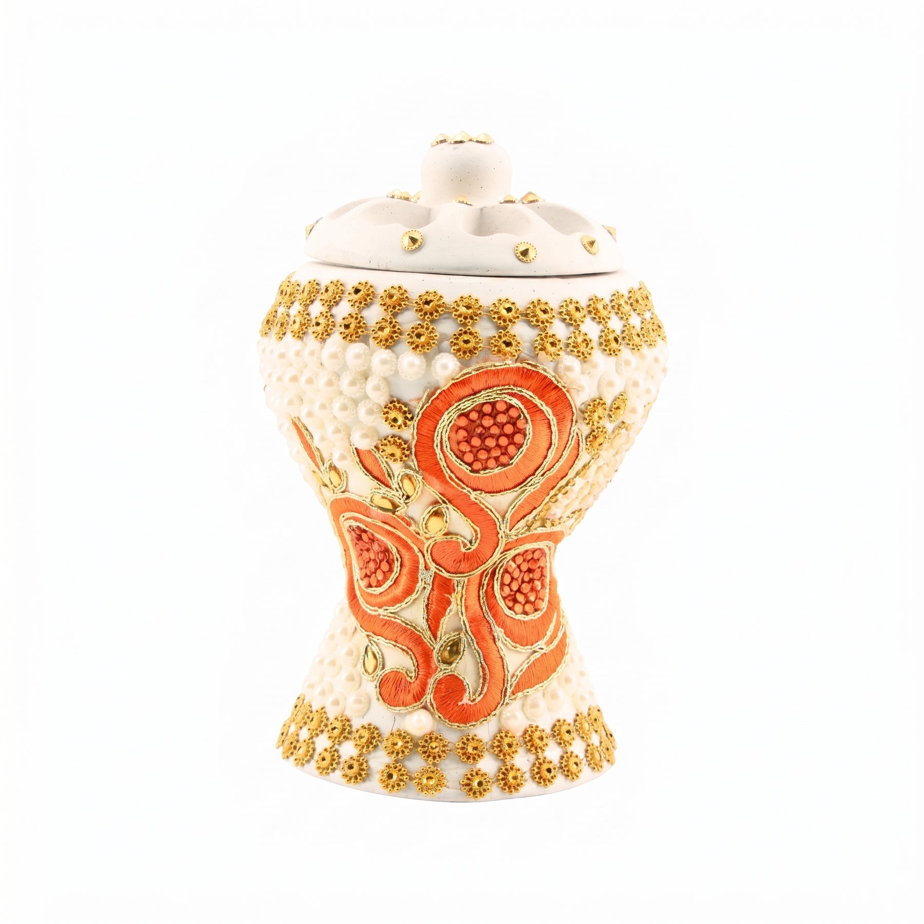 Medium White-Gold Traditional Clay Incense Burner - Orange Floral Design