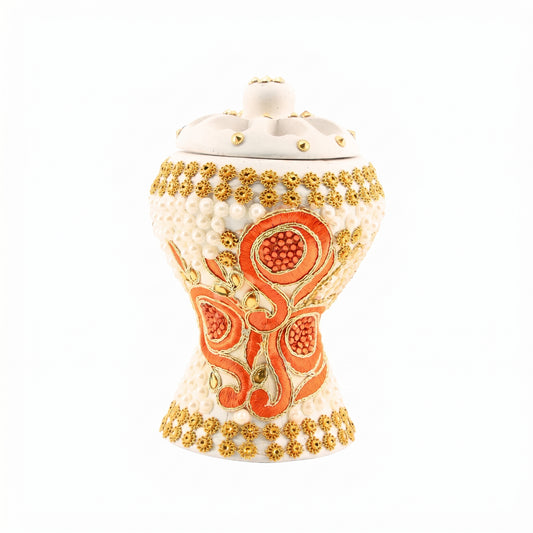 Medium White-Gold Traditional Clay Incense Burner - Orange Floral Design