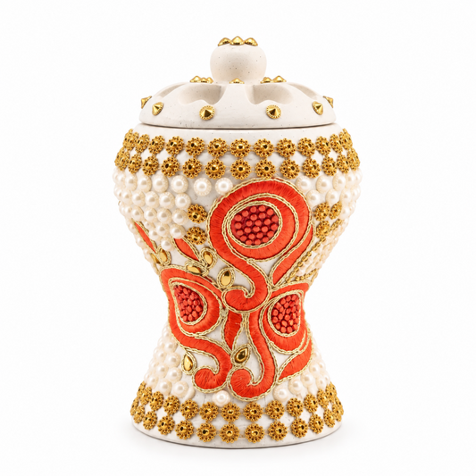 Medium White & Gold Traditional Clay Incense Burner with Orange Floral Design - 7.5" Tall