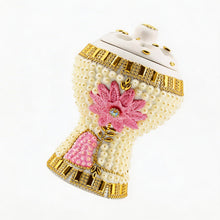 Medium White-Gold Traditional Clay Incense Burner - Pink Flower