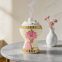 Medium White-Gold Traditional Clay Incense Burner - Pink Flower