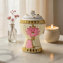 Medium White-Gold Traditional Clay Incense Burner - Pink Flower
