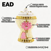 Medium White-Gold Traditional Clay Incense Burner - Pink Flower