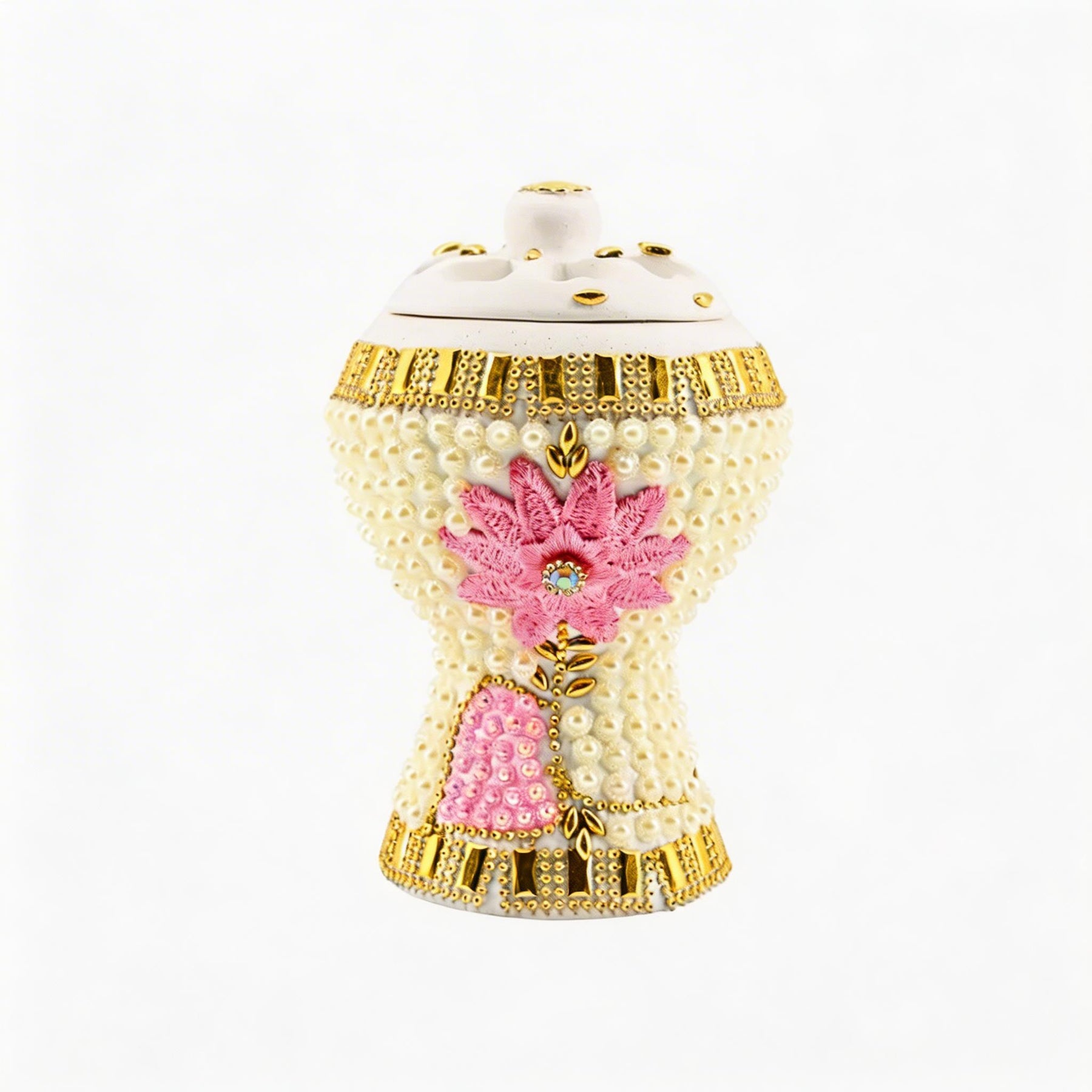 Medium White-Gold Traditional Clay Incense Burner - Pink Flower