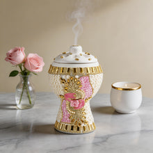 Medium White-Gold Traditional Clay Incense Burner - Pink-Gold Flower