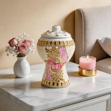 Medium White-Gold Traditional Clay Incense Burner - Pink-Gold Flower