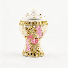 Medium White-Gold Traditional Clay Incense Burner - Pink-Gold Flower