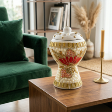 Medium White-Gold Traditional Clay Incense Burner - Red-Gold Flower
