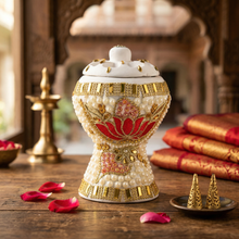 Medium White-Gold Traditional Clay Incense Burner - Red-Gold Flower