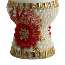 Medium White-Gold Traditional Clay Incense Burner - Red Flower