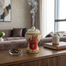Medium White-Gold Traditional Clay Incense Burner - Red Flower