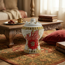 Medium White-Gold Traditional Clay Incense Burner - Red Flower