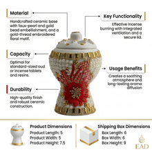Medium White-Gold Traditional Clay Incense Burner - Red Flower