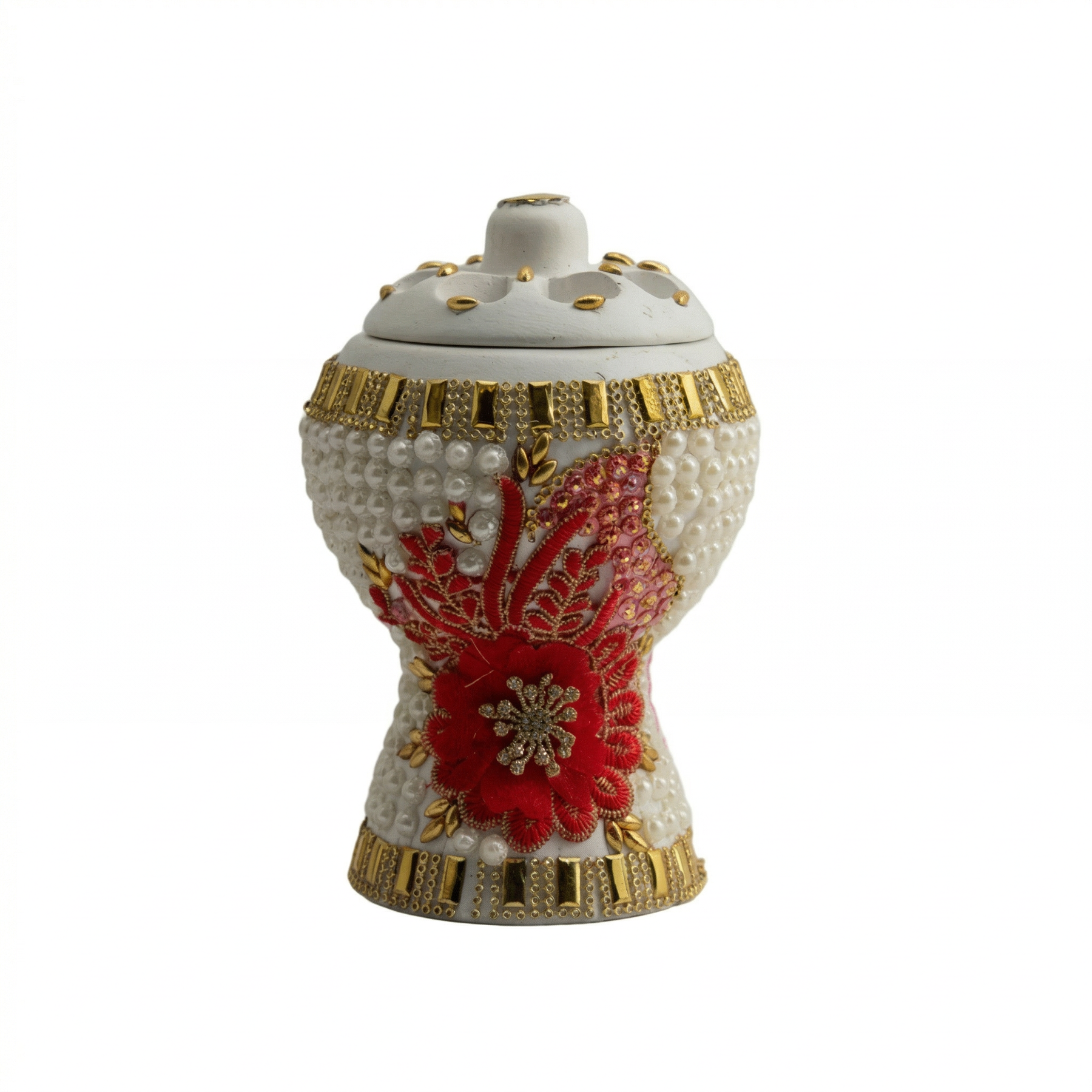 Medium White-Gold Traditional Clay Incense Burner - Red Flower