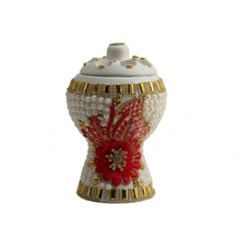 Medium White-Gold Traditional Clay Incense Burner - Red Flower