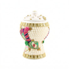 Medium White-Gold Traditional Clay Incense Burner - Pink-Green Flower