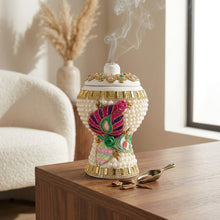 Medium White-Gold Traditional Clay Incense Burner - Pink-Green Flower