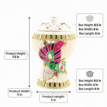Medium White-Gold Traditional Clay Incense Burner - Pink-Green Flower