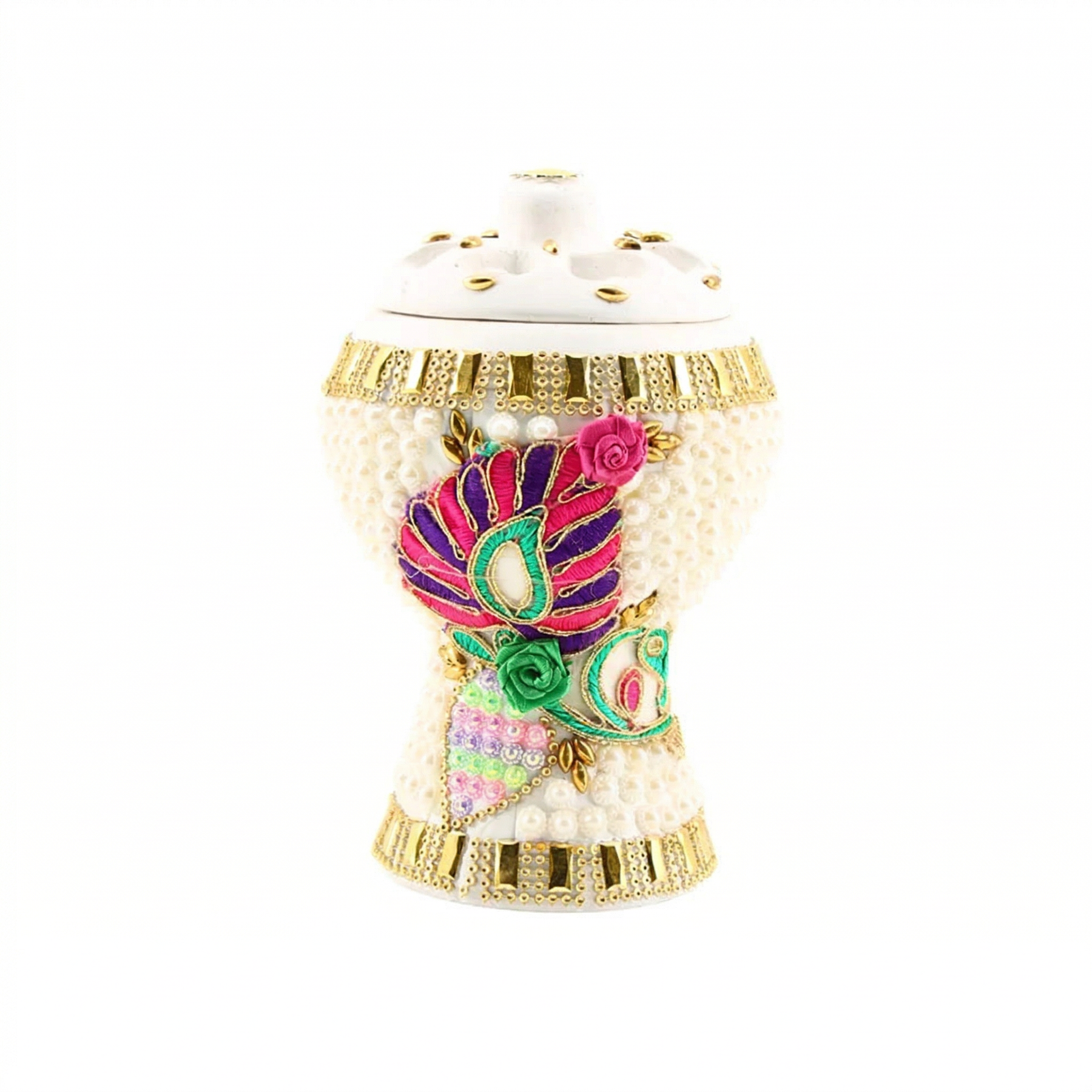Medium White-Gold Traditional Clay Incense Burner - Pink-Green Flower