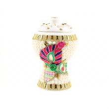 Medium White-Gold Traditional Clay Incense Burner - Pink-Green Flower