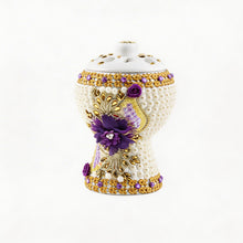 Medium White-Gold Traditional Clay Incense Burner - Purple Flower
