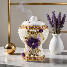 Medium White-Gold Traditional Clay Incense Burner - Purple Flower