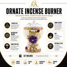 Medium White-Gold Traditional Clay Incense Burner - Purple Flower